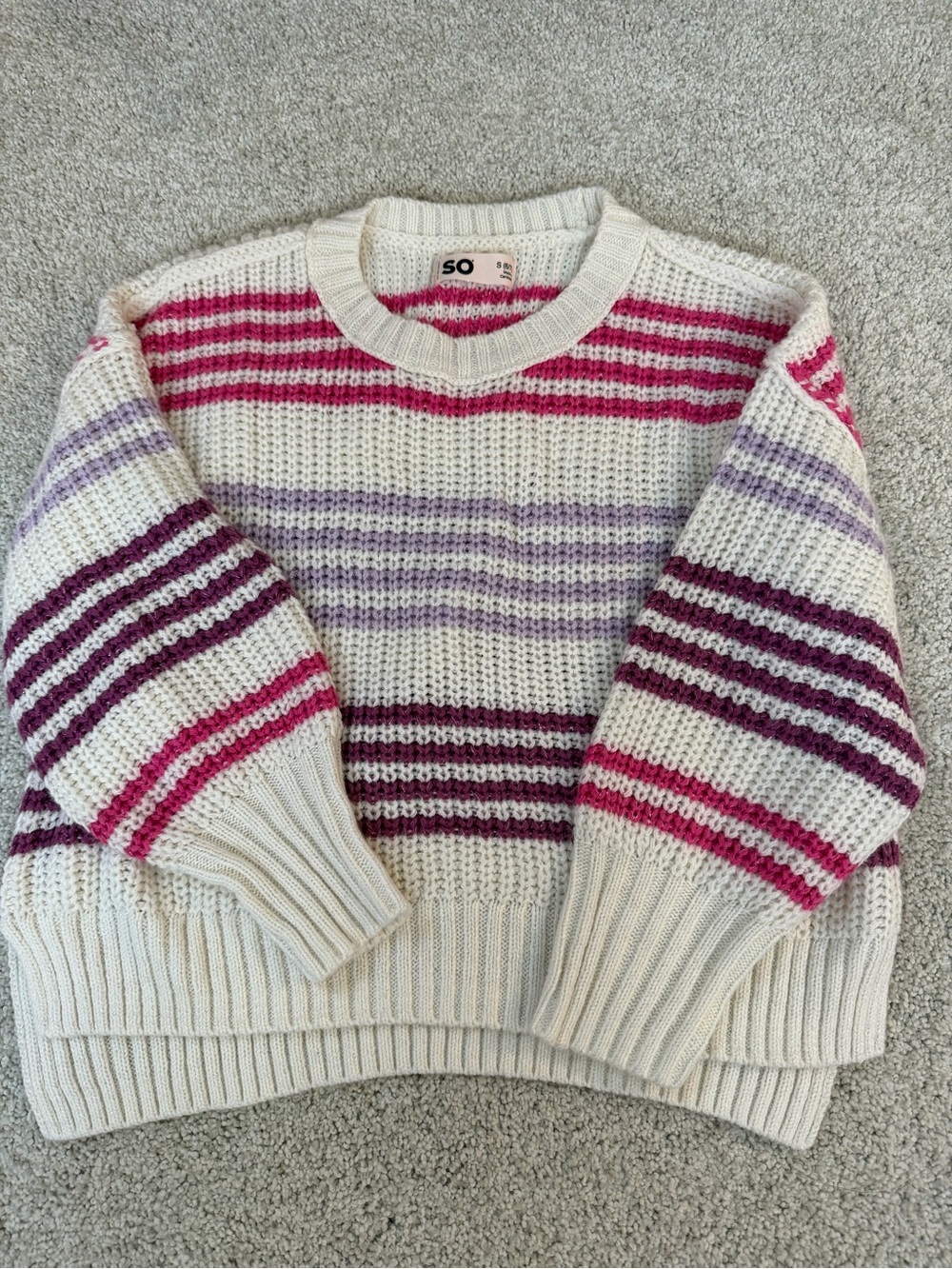 SO Cream Crewneck Sweater with Pink & Purple Stripes